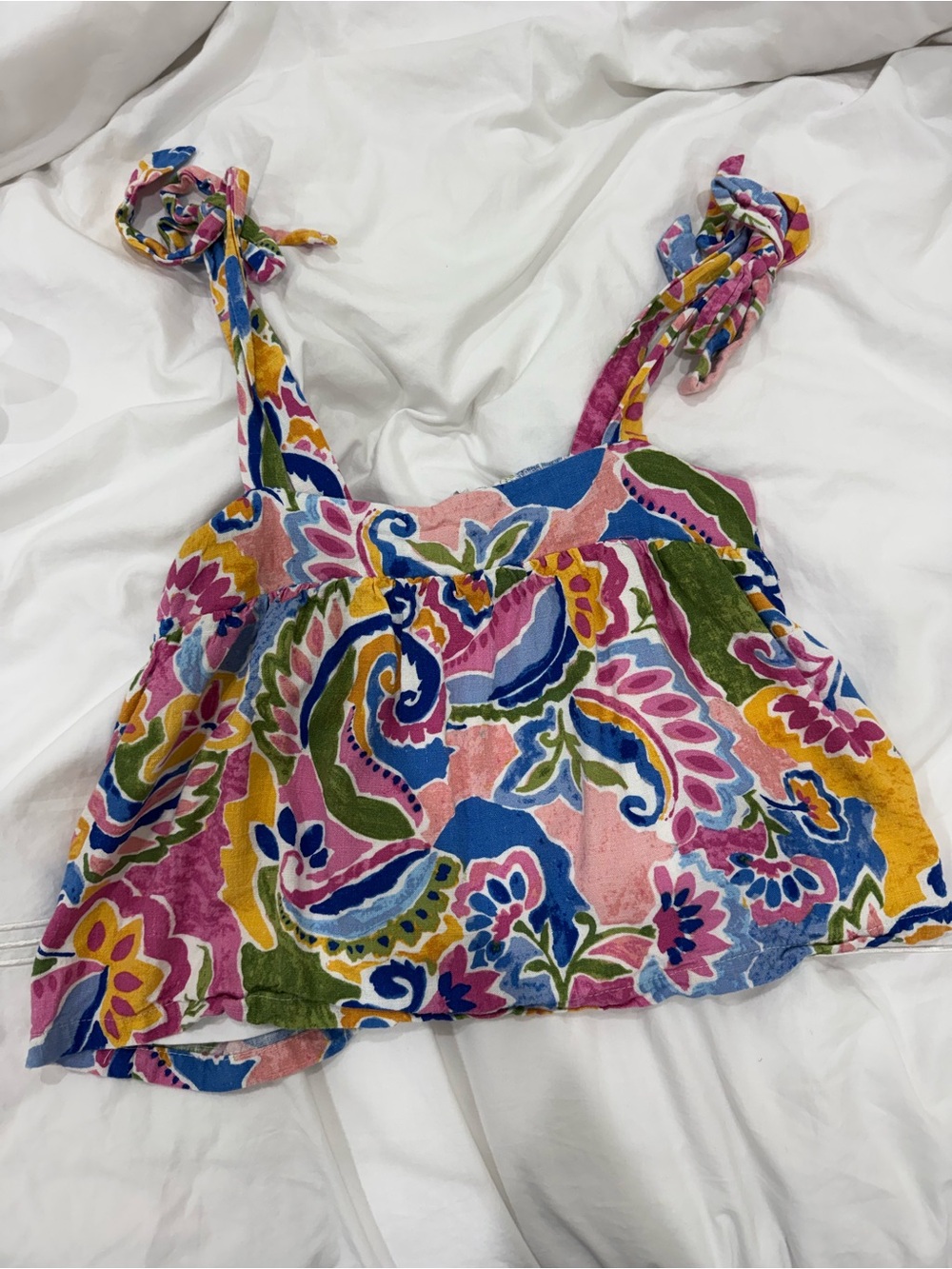TCEC Multicolor Paisley Tie-Shoulder Tank Top in Pink, Blue & Green